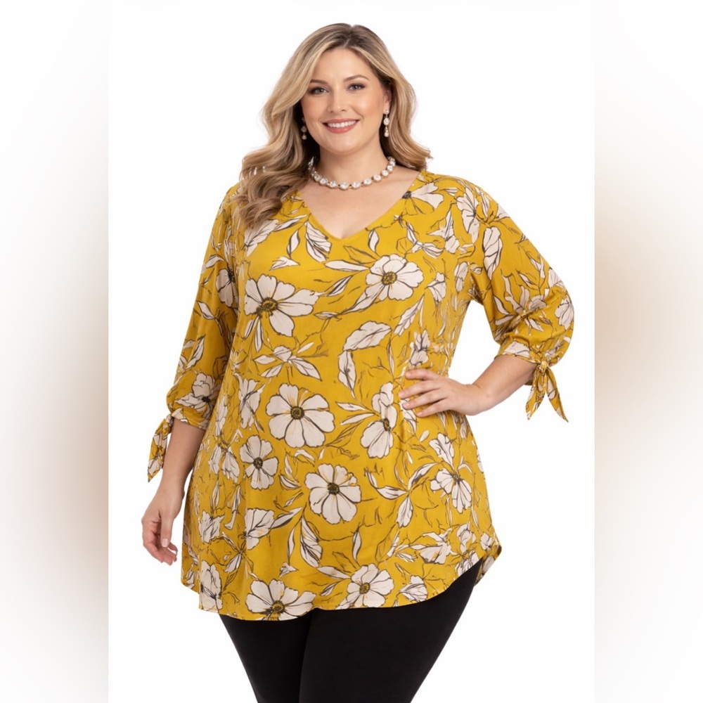 ALFANI WOMAN Top Size 3X Deep Mustard Colour Floral Pattern w/Leaves Curvy
